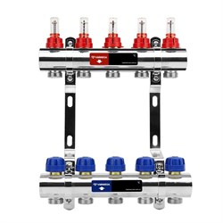 Коллектор Varmega VM154 1 х3/4 , 5вых., c вентилями, с расходомерами, латунь никелир., синий VM15405 - фото 4497070